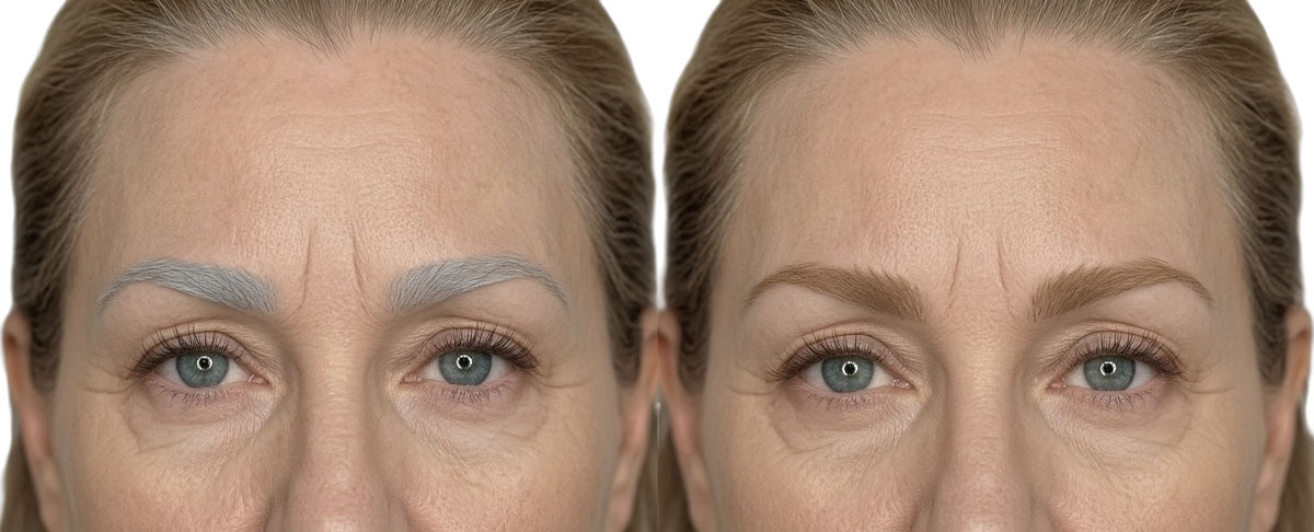Eyebrows with existing pigment showing the complexity involved in correction cases