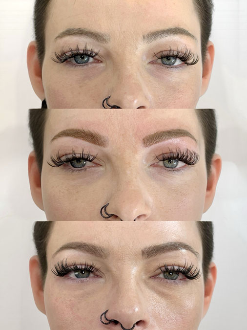 Before and after old patchy microblading correction showing naturally faded hairstrokes professionally corrected into balanced brows.