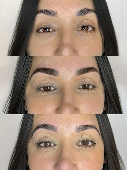 Before and after microblading refresh showing naturally softened healed microblading professionally refreshed while maintaining the existing eyebrow design.
