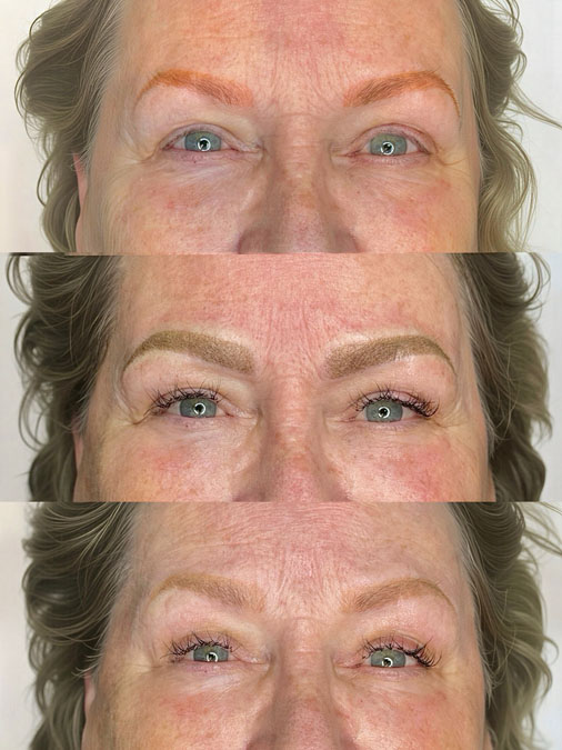 Before and after red eyebrow tattoo correction showing unwanted red healed permanent makeup professionally corrected into a soft natural-looking eyebrow.
