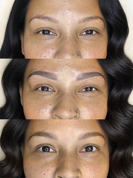 Before and after microblading redo showing previous faded microblading professionally redone with powder after careful evaluation.