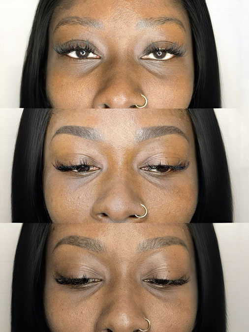Three-stage educational illustration showing the natural long-term evolution of microblading over several years.