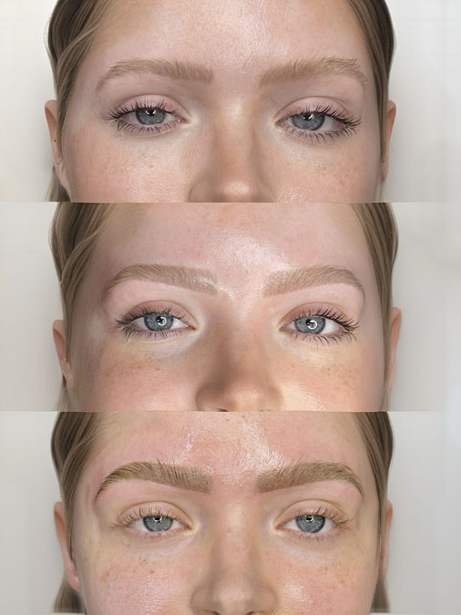 Before and after blurry microblading correction showing previous microblading with soft blurred hairstrokes professionally corrected.