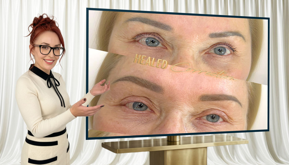Educational consultation explaining why eyebrow tattoos gradually turn grey over time and how color balancing restores warmth.