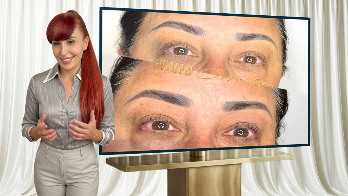 Educational consultation explaining why older microblading sometimes develops cool grey tones.
