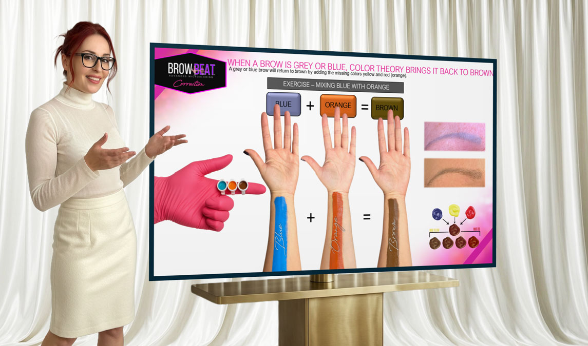 Permanent makeup specialist discussing eyebrow pigment color correction.