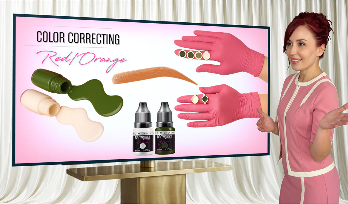 Educational consultation explaining why eyebrow tattoos gradually develop orange tones and how color balancing restores a natural brown appearance.