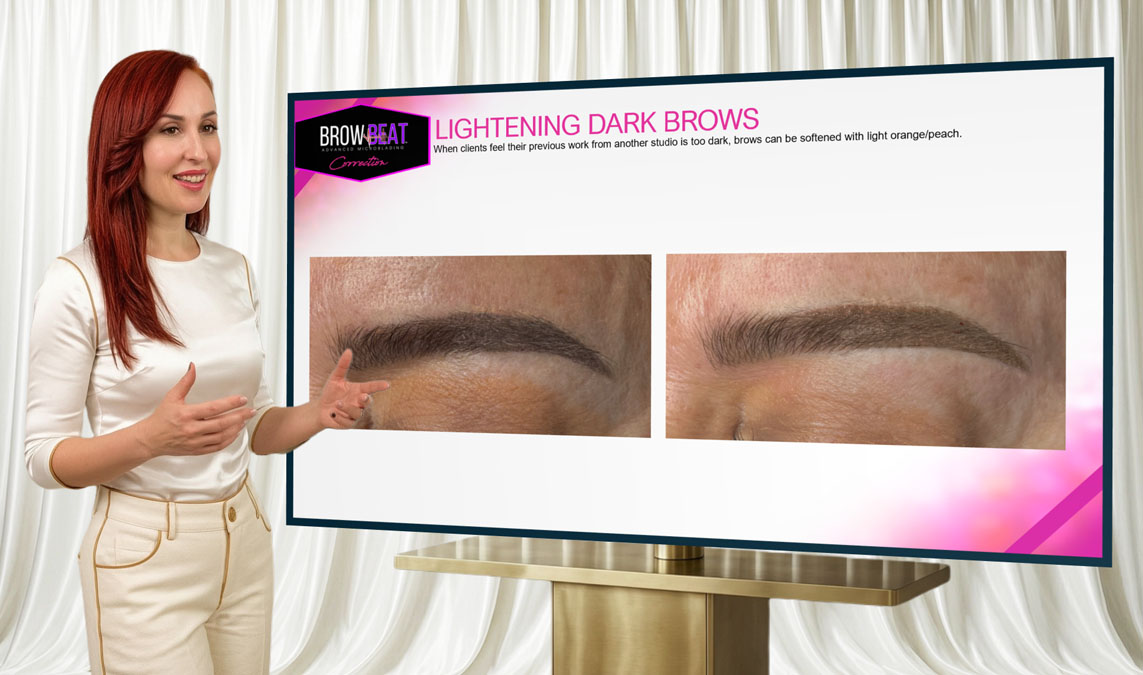 Eyebrow correction educator explaining how negative space keeps microblading strokes visually distinct