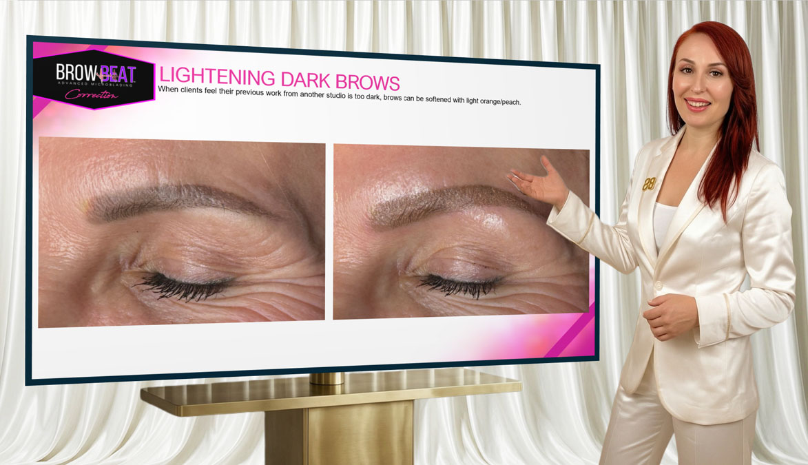 Permanent makeup expert explaining eyebrow tattoo repair options.
